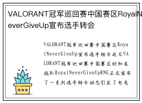 VALORANT冠军巡回赛中国赛区RoyalNeverGiveUp宣布选手转会